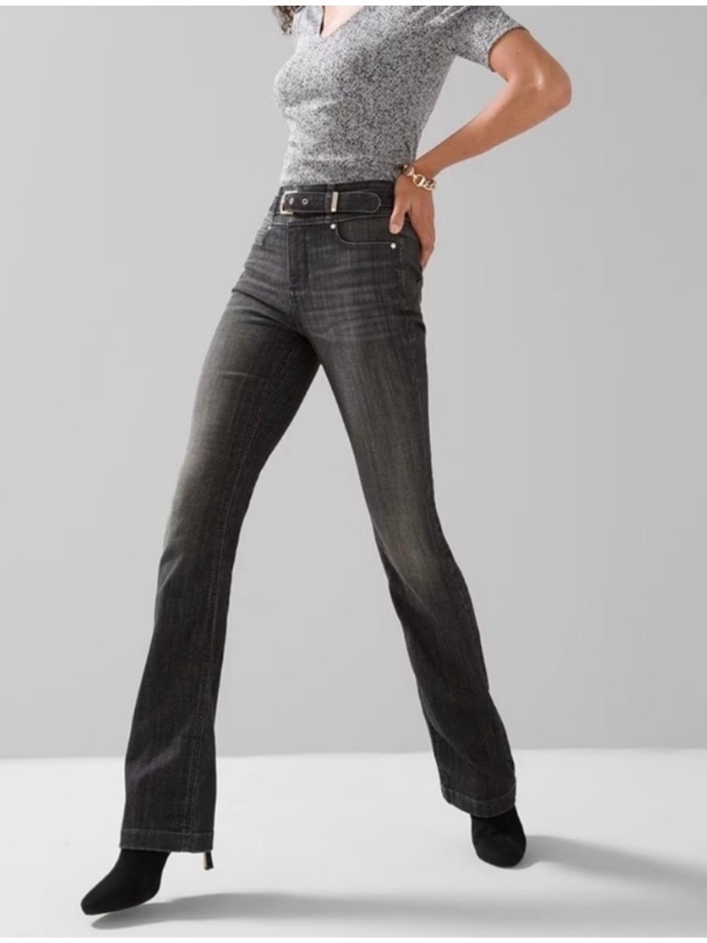 WHBM Extra High-Rise Black Washed Skinny Flare Women’s Jeans with Belt